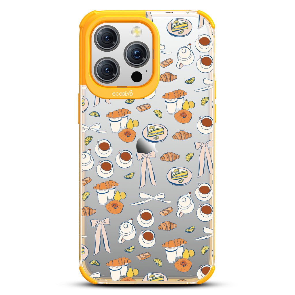 iPhone 15 Pro Max case, clear eco-friendly phone case with yellow ridges, back view, Tea Time design