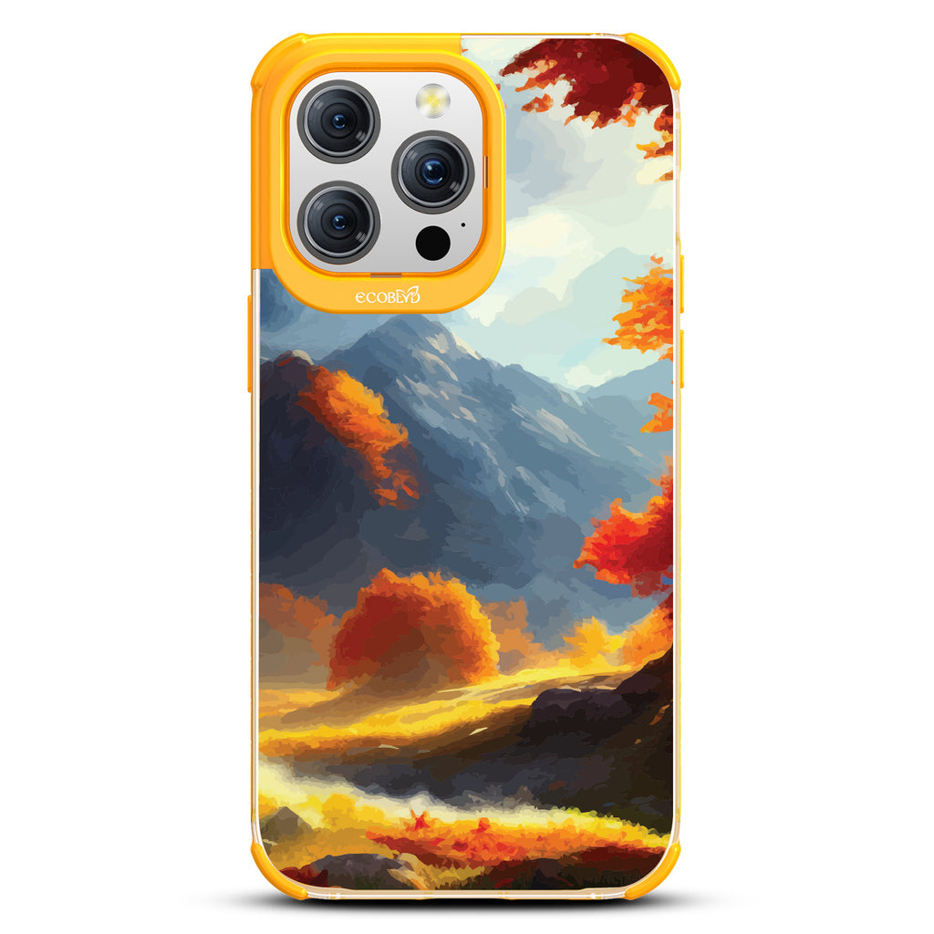 Autumn Canvas - Watercolored Fall Mountain Landscape - Eco-Friendly Clear iPhone 15 Pro Max Case With Yellow Rim 