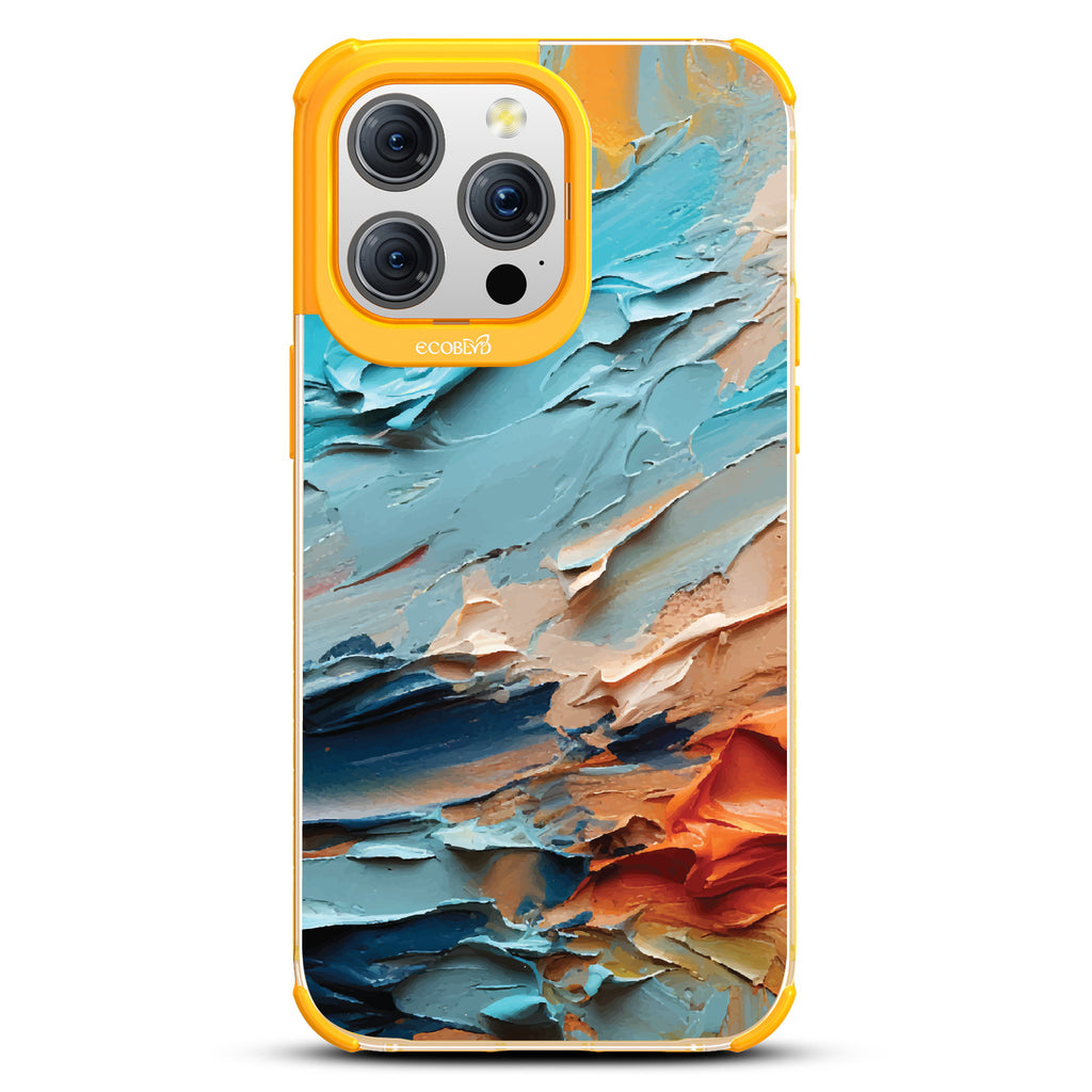 iPhone 15 Pro Max case, clear eco-friendly phone case with yellow ridges, back view, Frame of Mind design