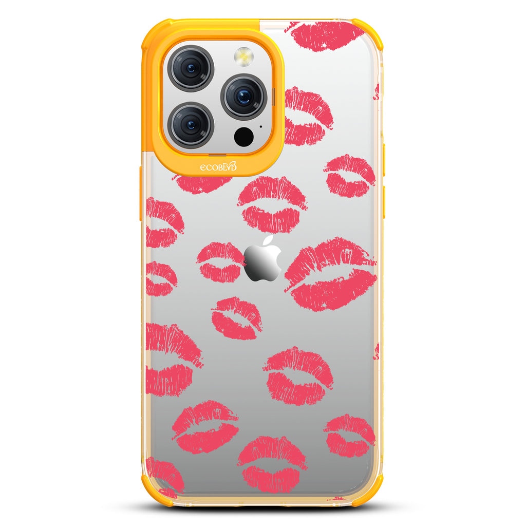 Bisou - Red Lipstick Kisses - Eco-Friendly Clear iPhone 15 Pro Max Case With Yellow Rim