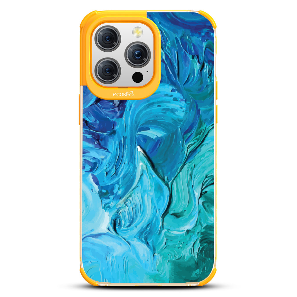 iPhone 15 Pro Max case, clear eco-friendly phone case with yellow ridges, back view, Oceanswept design