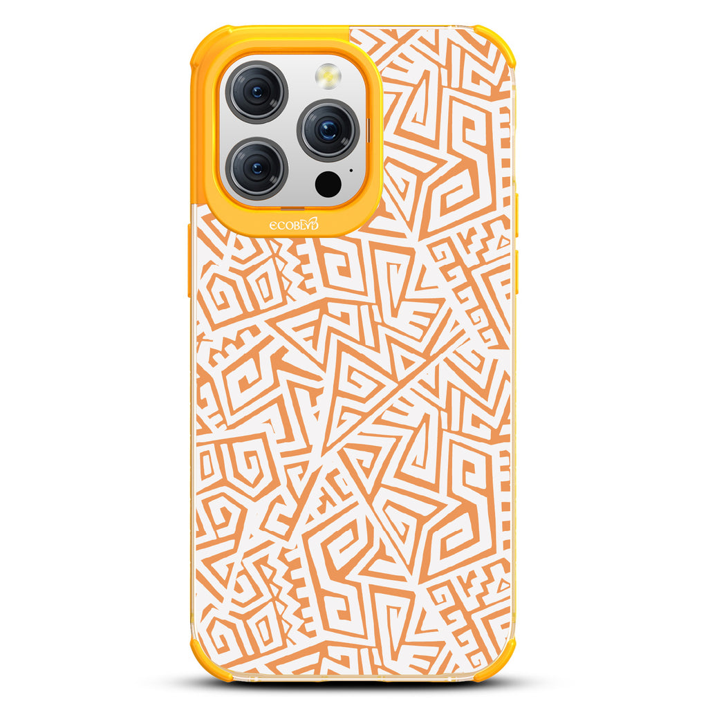 Beyond Borders - Abstract Inca/Kuba/Maori Art  - Eco-Friendly Clear iPhone 15 Pro Max Case With Yellow Rim 