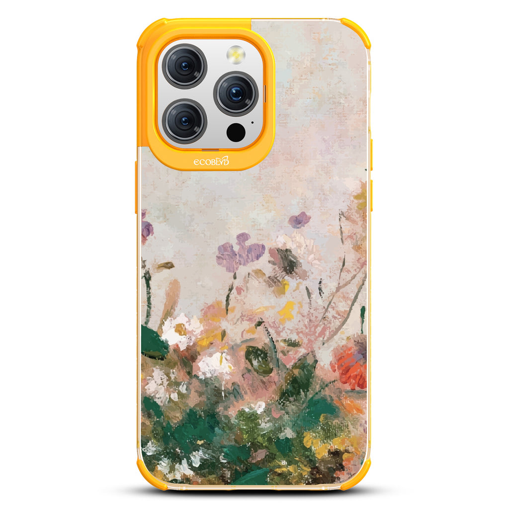 iPhone 15 Pro Max case, clear eco-friendly phone case with yellow ridges, back view, Wild Grace design