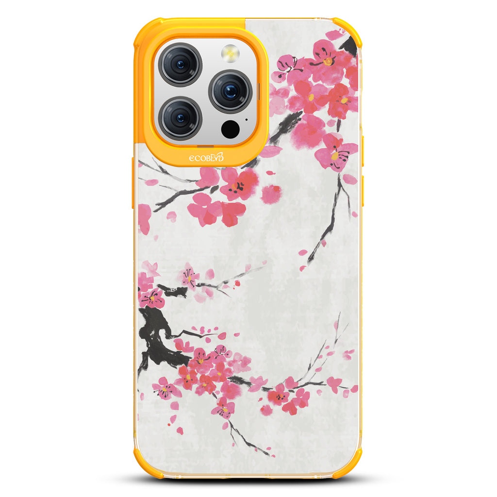 iPhone 15 Pro Max case, clear eco-friendly phone case with yellow ridges, back view, Sakura Season design