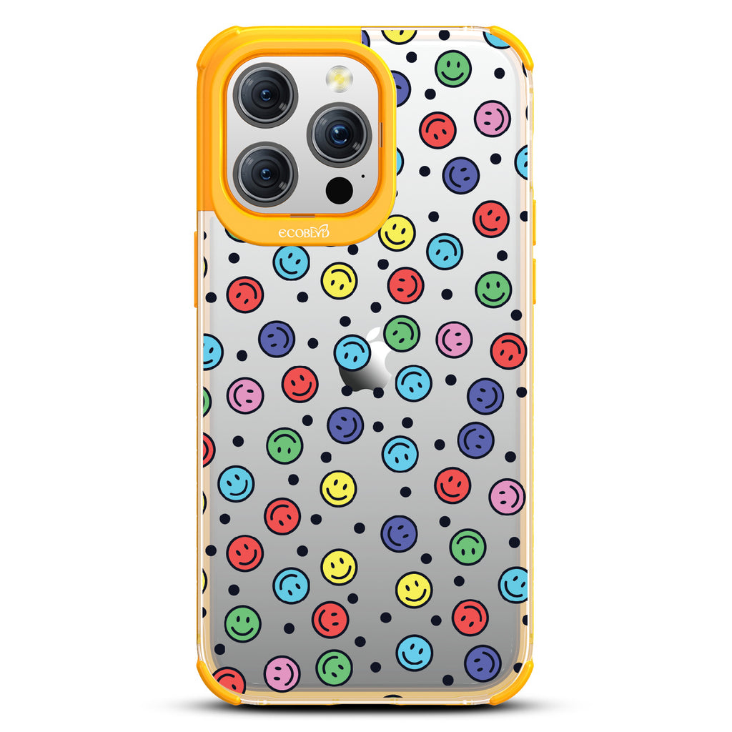 All Smiles - Multi Colored Smiley Faces & Black Dots - Eco-Friendly Clear iPhone 15 Pro Max Case With Yellow Rim 