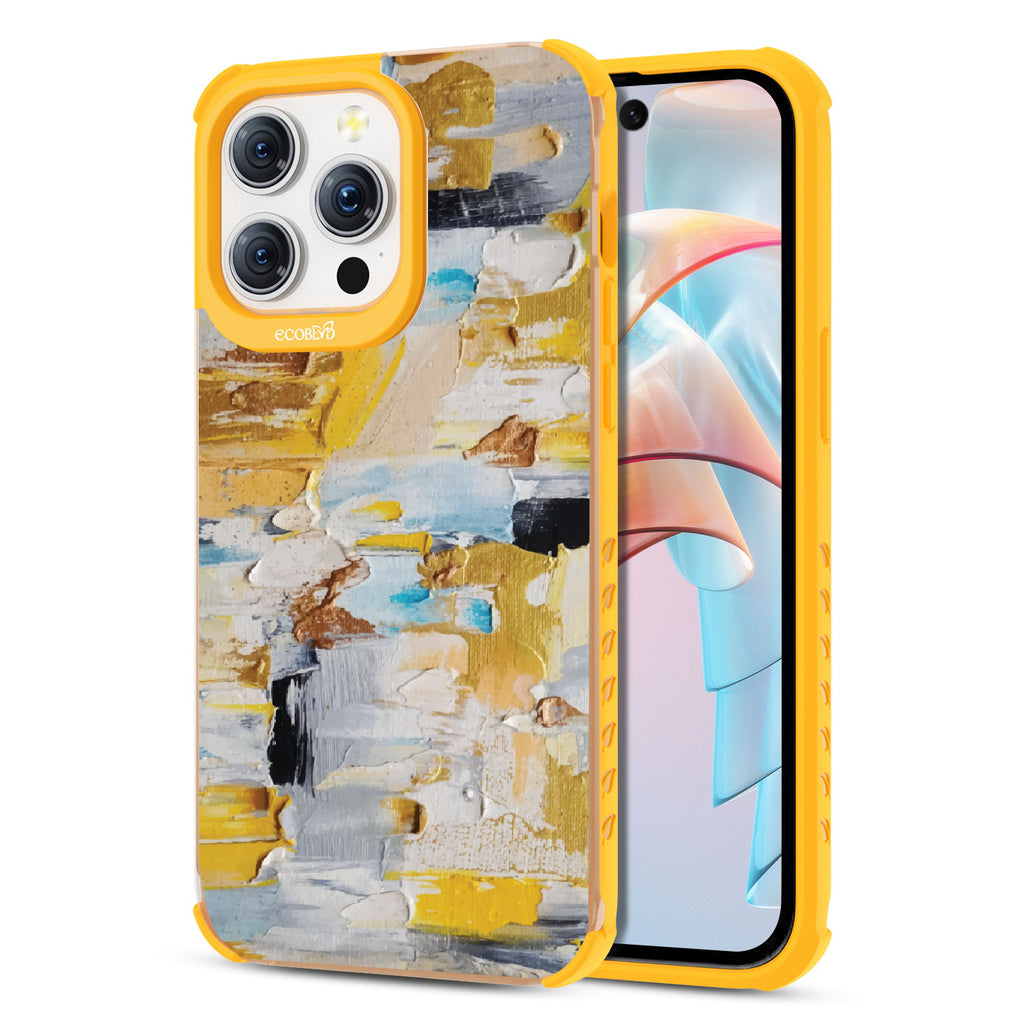 Front and back view of iPhone 15 Pro Max case, clear compostable phone case with yellow ridges, Lighten Up design