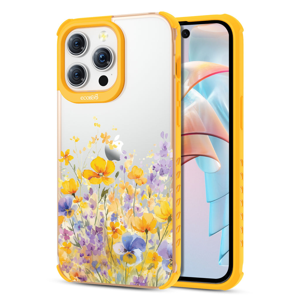 Front and back view of iPhone 15 Pro Max case, clear compostable phone case with yellow ridges, Meadowlight design