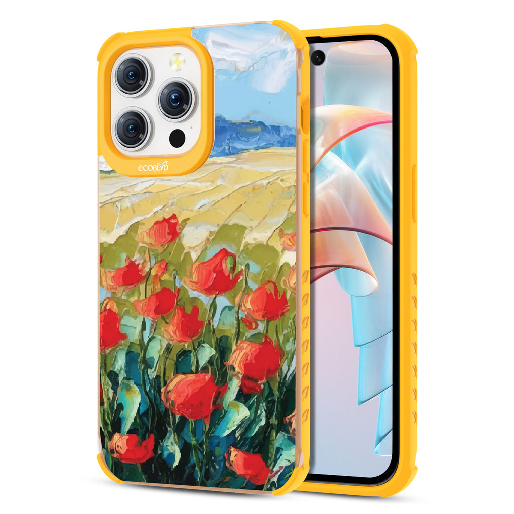 Front and back view of iPhone 15 Pro Max case, clear compostable phone case with yellow ridges, Sleepy Bloom design