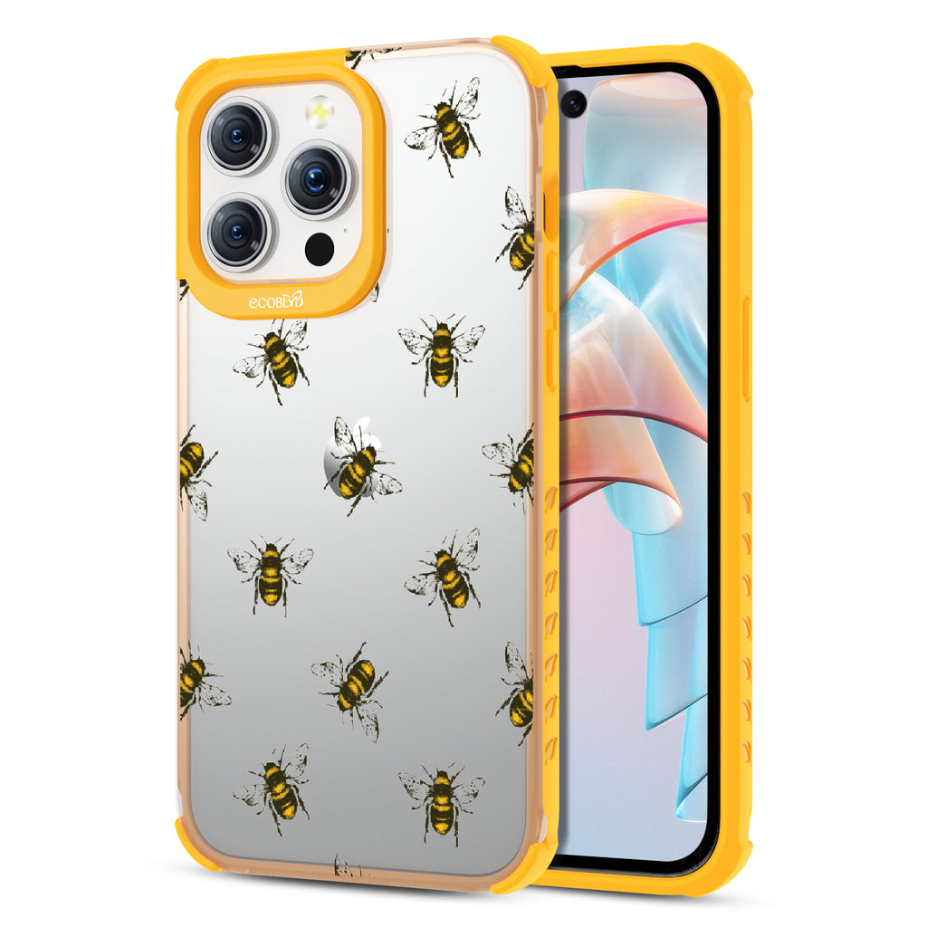 Bees - Back View Of Eco-Friendly iPhone 15 Pro Clear Case With Yellow Rim & Front View Of Screen