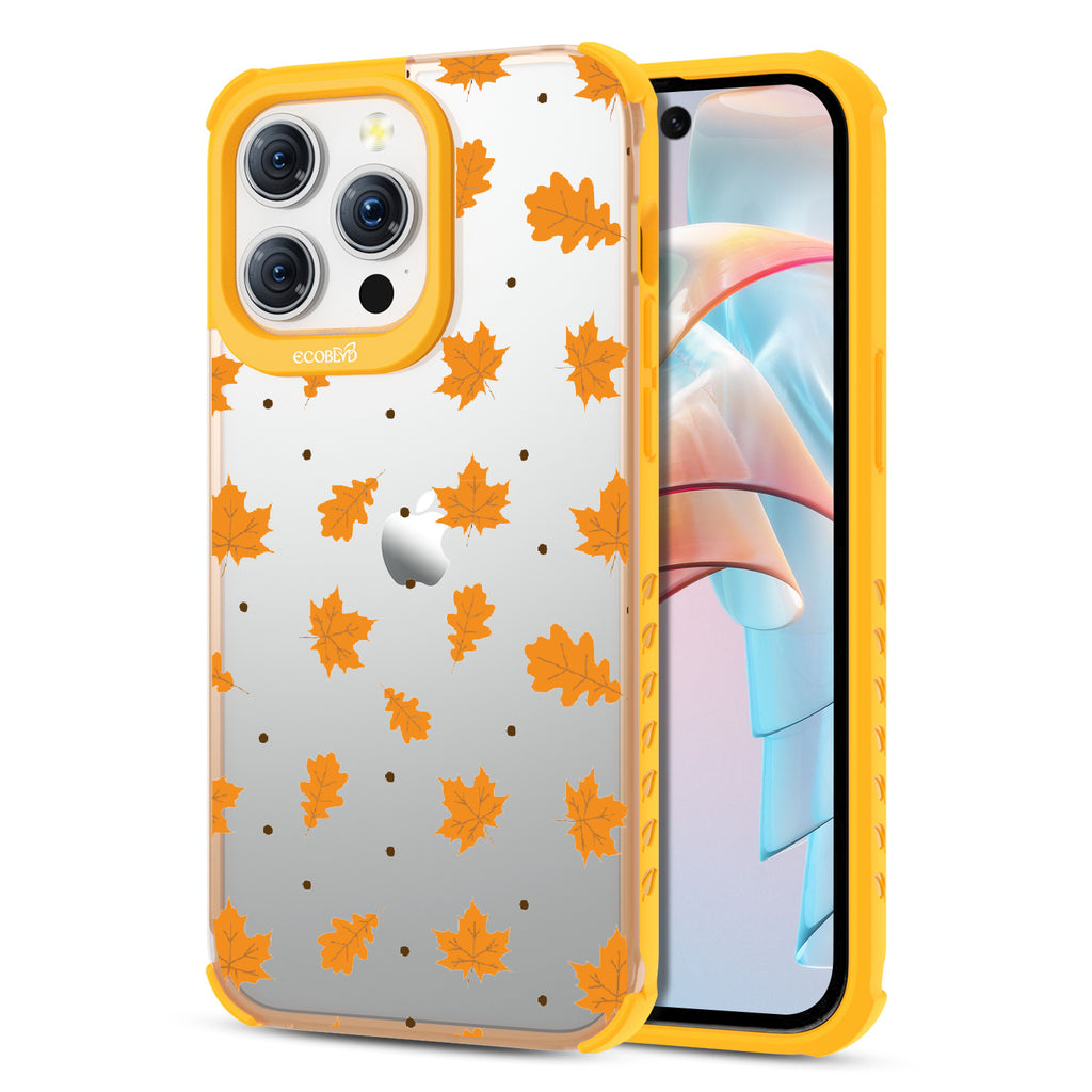  A New Leaf  - Back View Of Eco-Friendly iPhone 15 Pro Max Case With Yellow Rim & Front View Of Screen