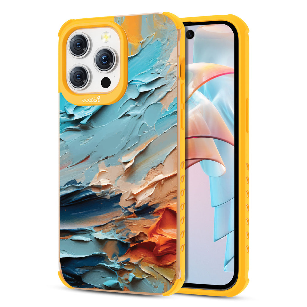 Front and back view of iPhone 15 Pro Max case, clear compostable phone case with yellow ridges, Frame of Mind design