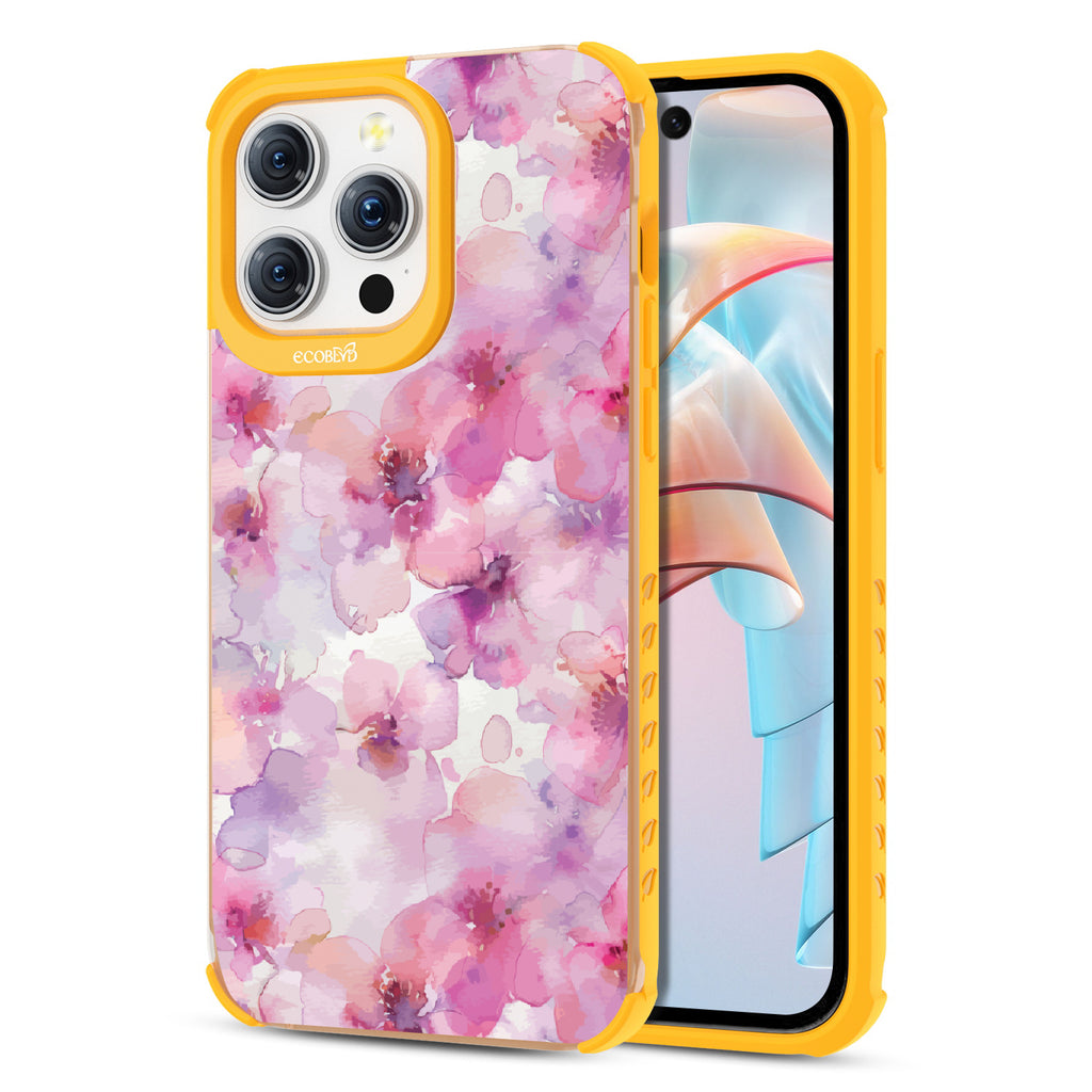 Front and back view of iPhone 15 Pro Max case, clear compostable phone case with lilac ridges, Rosewater design