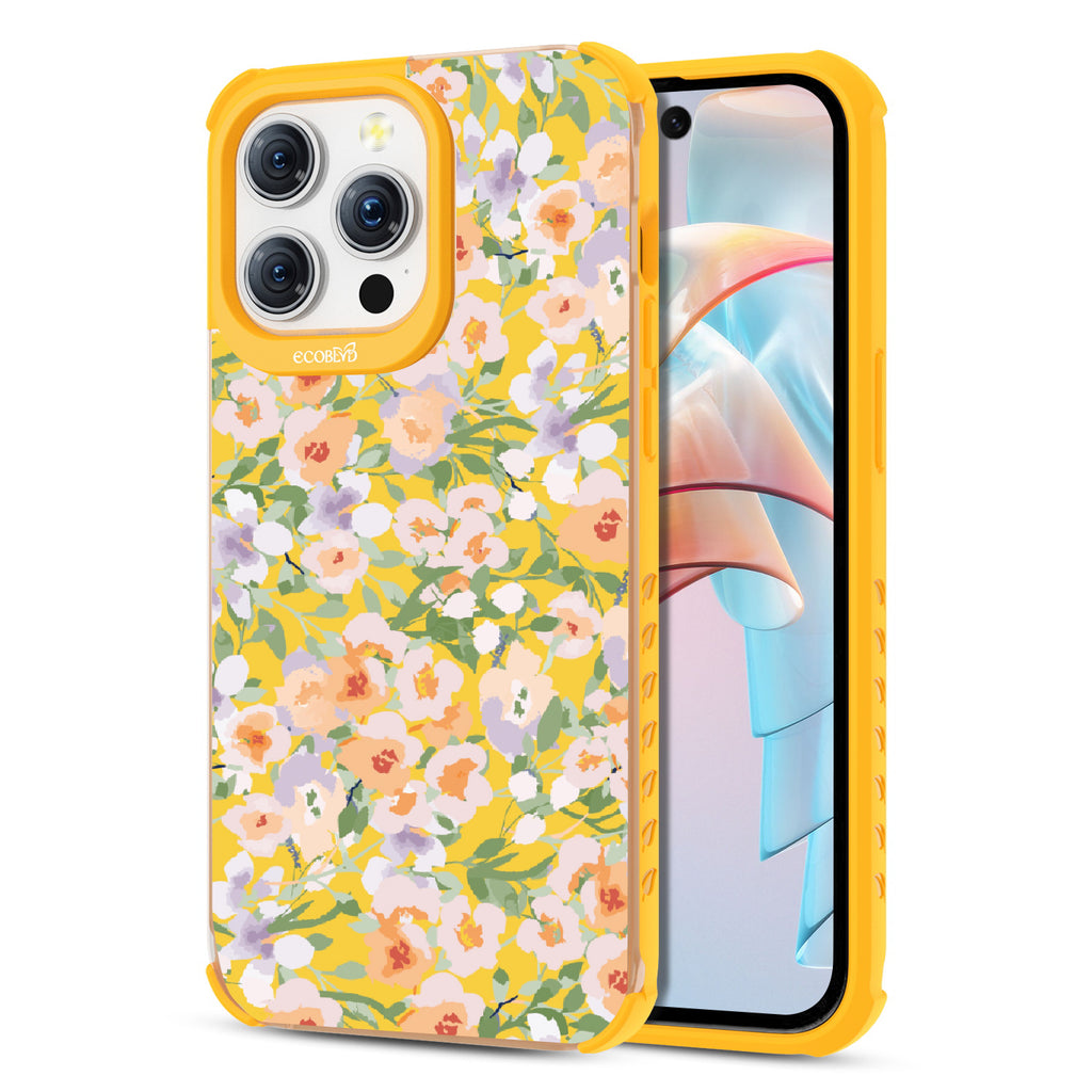 Front and back view of iPhone 15 Pro Max case, clear compostable phone case with yellow ridges, Flourish & Shine design