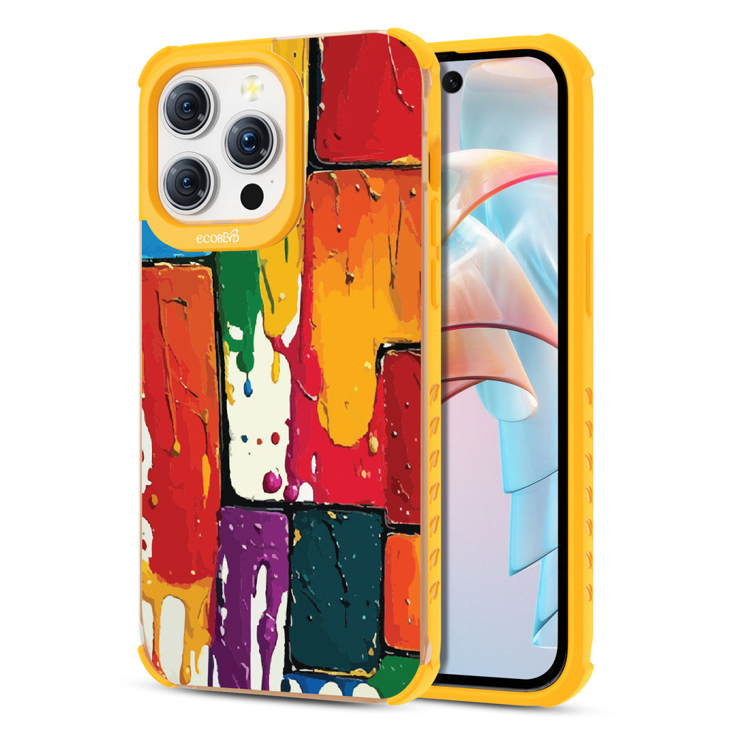 Front and back view of iPhone 15 Pro Max case, clear compostable phone case with yellow ridges, Color Me Mine design