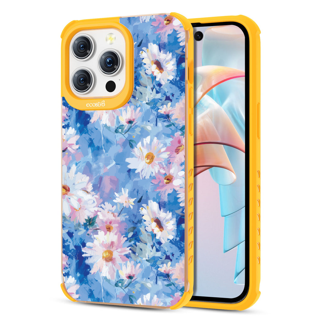 Front and back view of iPhone 15 pro Max case, clear compostable phone case with yellow ridges, Blown Away design