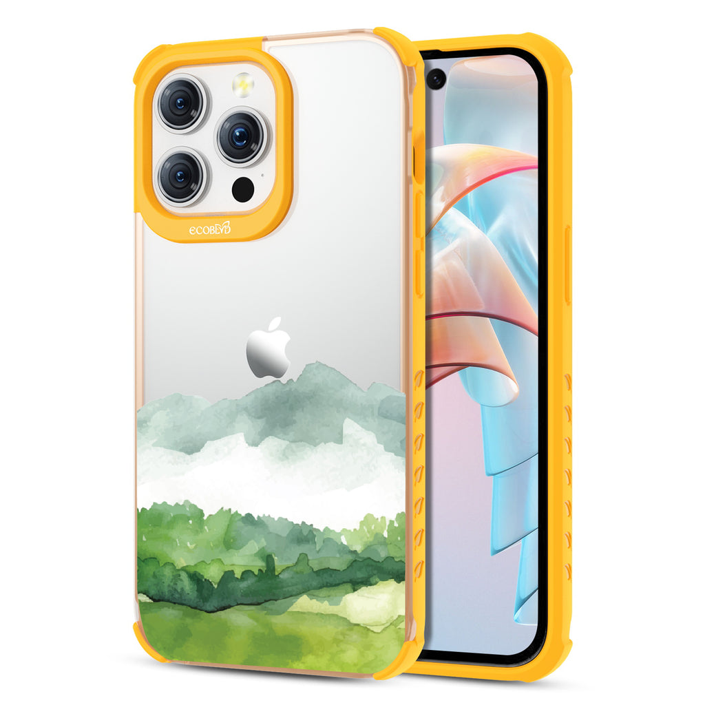 Front and back view of iPhone 15 Pro Max case, clear compostable phone case with yellow ridges, Open Horizon design
