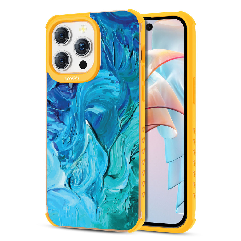 Front and back view of iPhone 15 Pro Max case, clear compostable phone case with yellow ridges, Oceanswept design