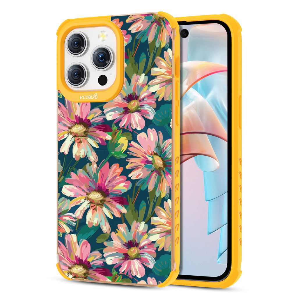 Front and back view of iPhone 15 Pro Max case, clear compostable phone case with yellow ridges, Daisy Dusk design