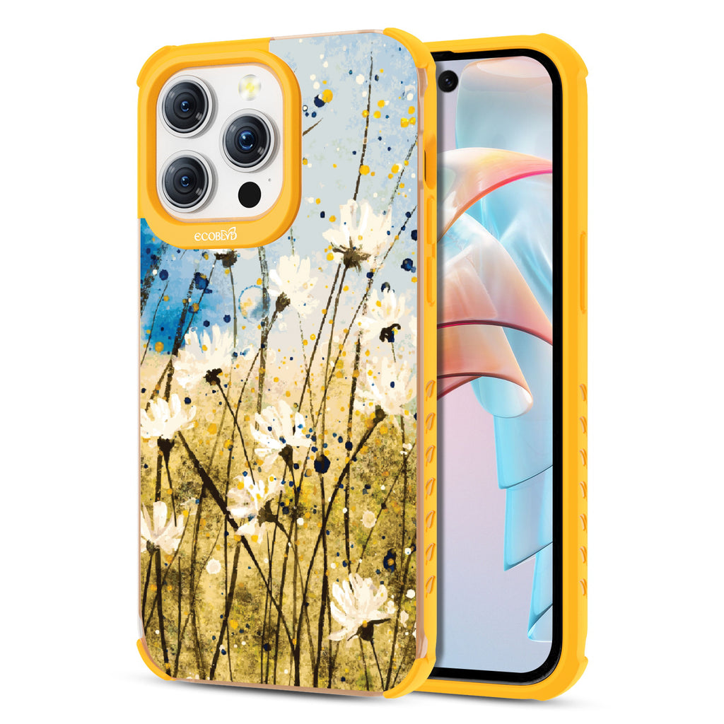 Front and back view of iPhone 15 Pro Max case, clear compostable phone case with yellow ridges, Dandelion Dance design