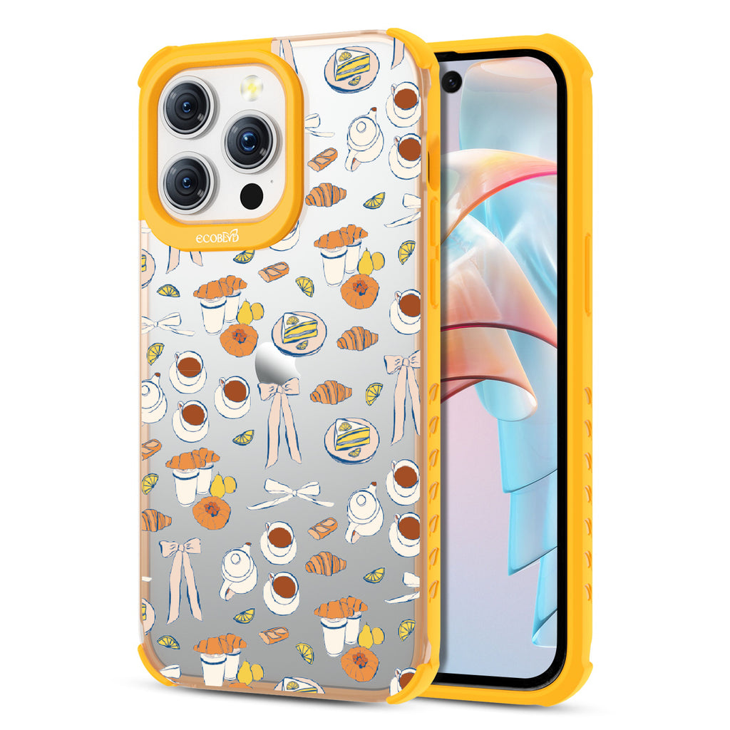 Front and back view of iPhone 15 Pro Max case, clear compostable phone case with yellow ridges, Tea Time  design