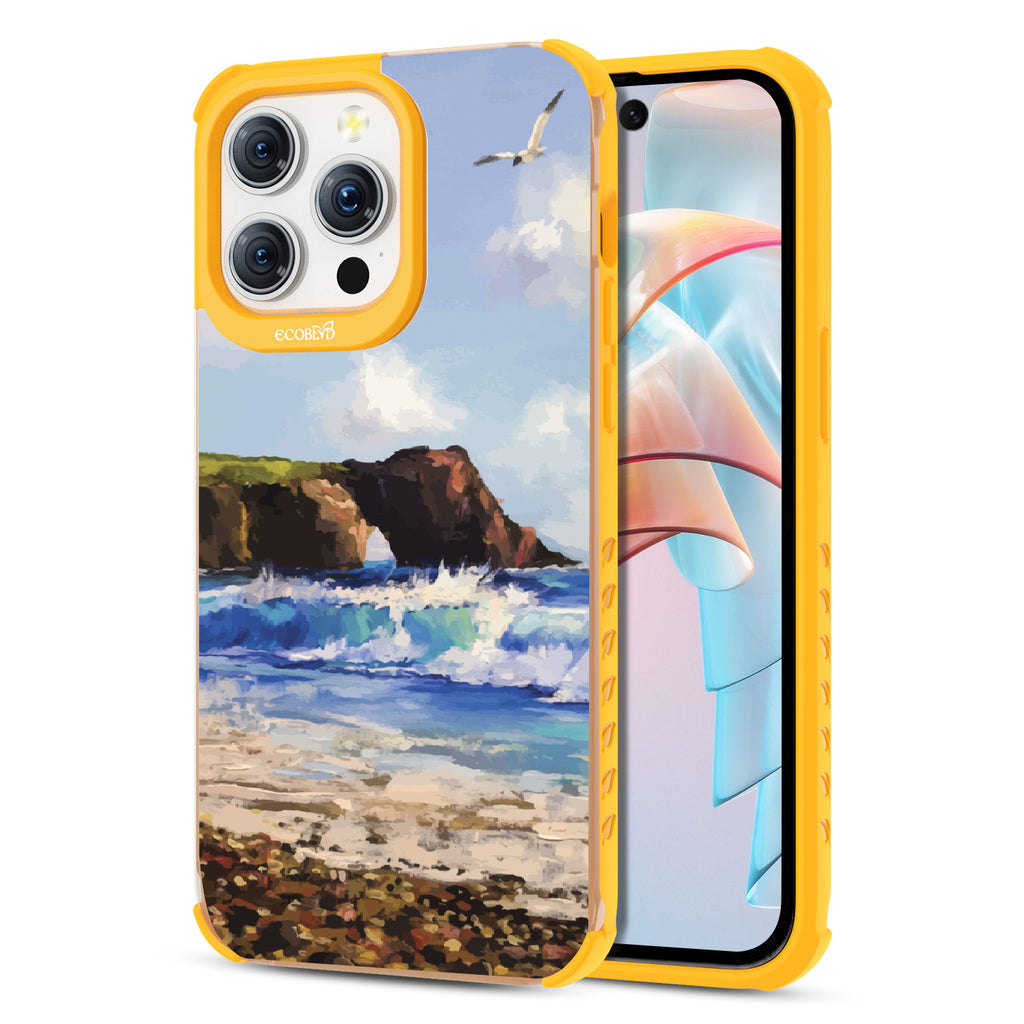 Front and back view of iPhone 15 Pro Max case, clear compostable phone case with yellow ridges, Cliffhanger design