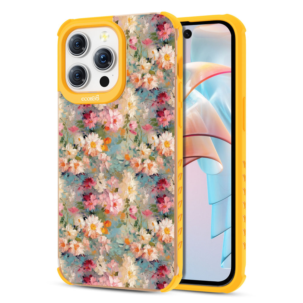 Front and back view of iPhone 15 Pro Max case, clear compostable phone case with yellow ridges, Perennial design