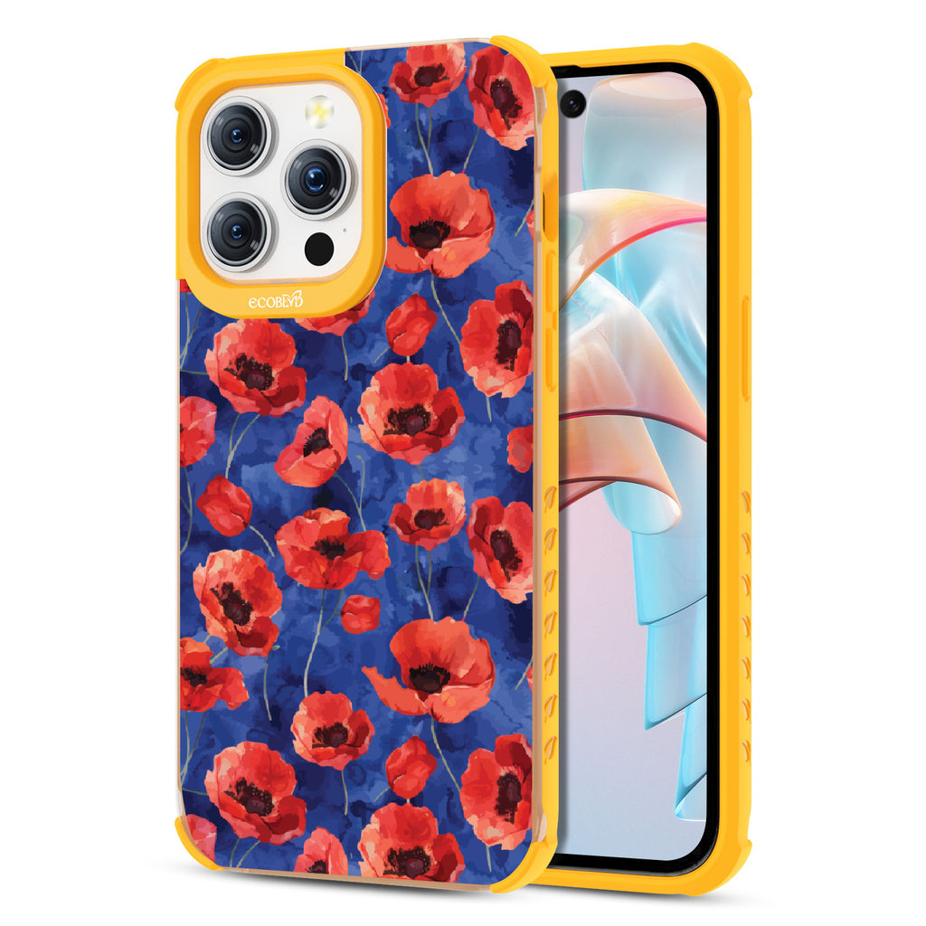 Front and back view of iPhone 15 Pro Max case, clear compostable phone case with yellow ridges, Dream Bouquet design