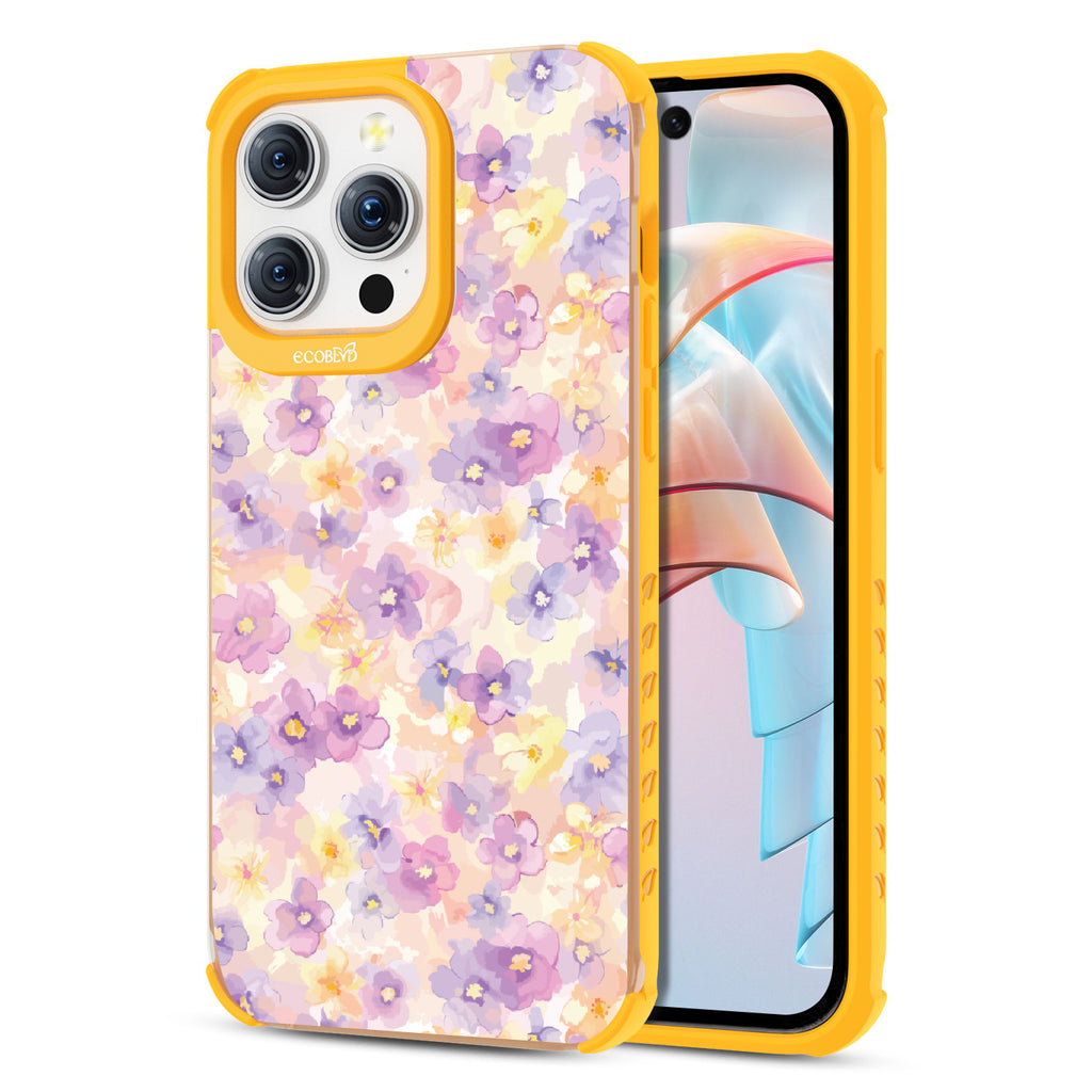 Front and back view of iPhone 15 Pro Max case, clear compostable phone case with yellow ridges, Flowering Thoughts design