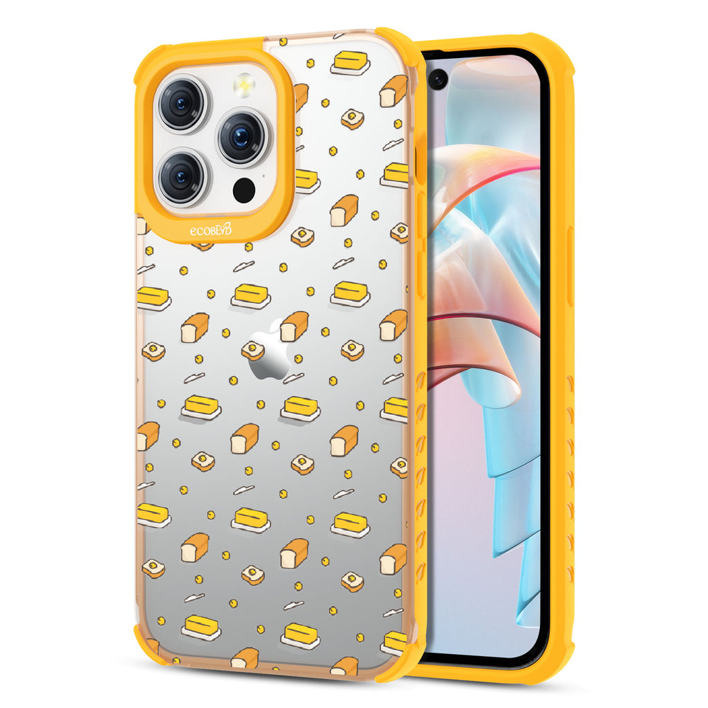 Front and back view of iPhone 15 Pro Max case, clear compostable phone case with yellow  ridges, Butter Me Up design