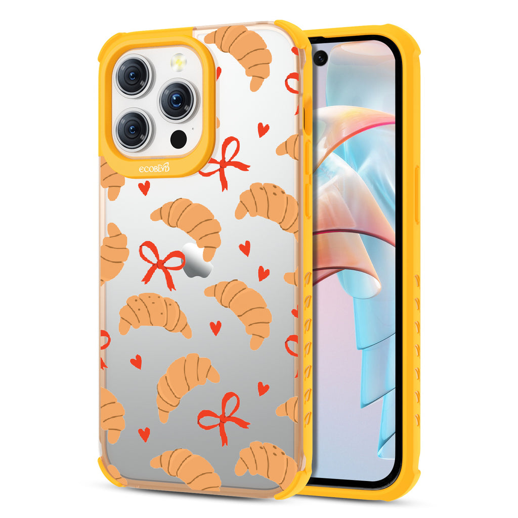 Front and back view of iPhone 15 Pro Max case, clear compostable phone case with yellow ridges, Croissant Couture  design