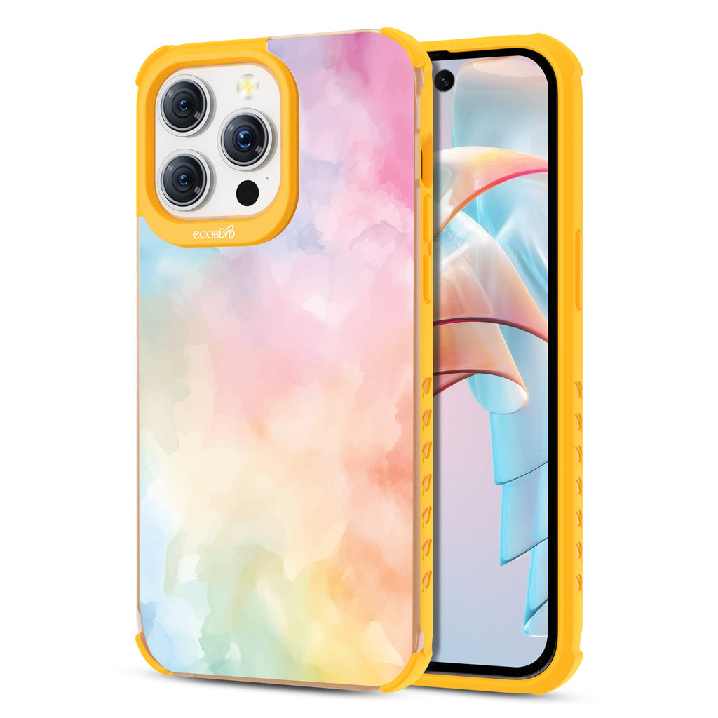 Front and back view of iPhone 15 PRo Max case, clear compostable phone case with yellow ridges, Painted Skies design