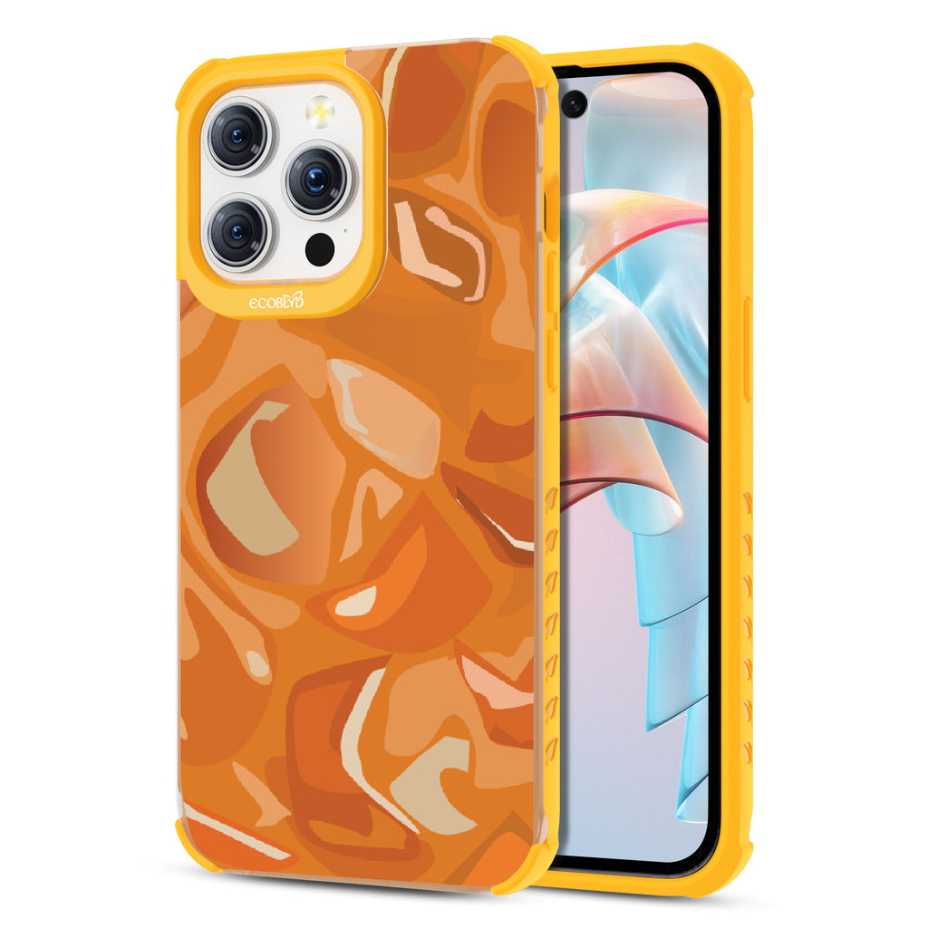 Front and back view of iPhone 15 Pro Max case, clear compostable phone case with yellow ridges, Cream & Sugar design
