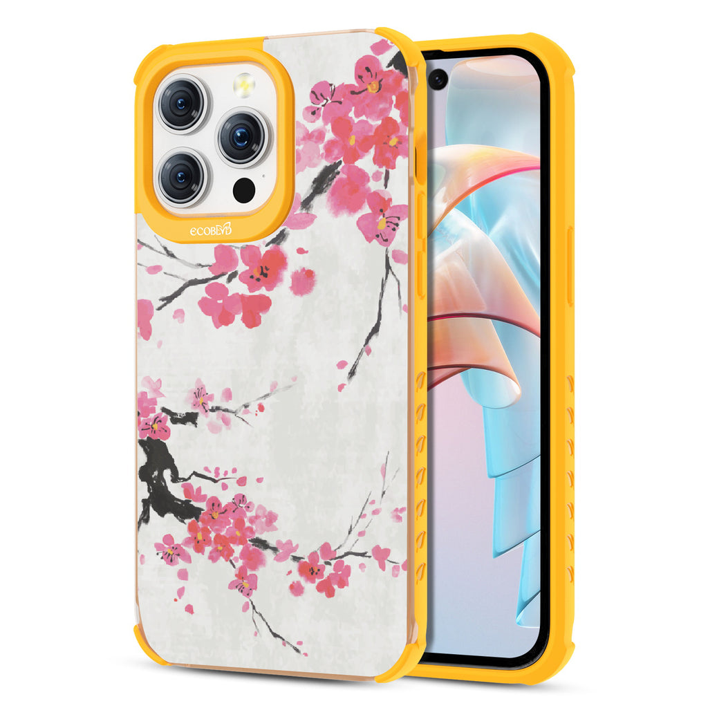 Front and back view of iPhone 15 Pro Max case, clear compostable phone case with yellow ridges, Sakura Season design