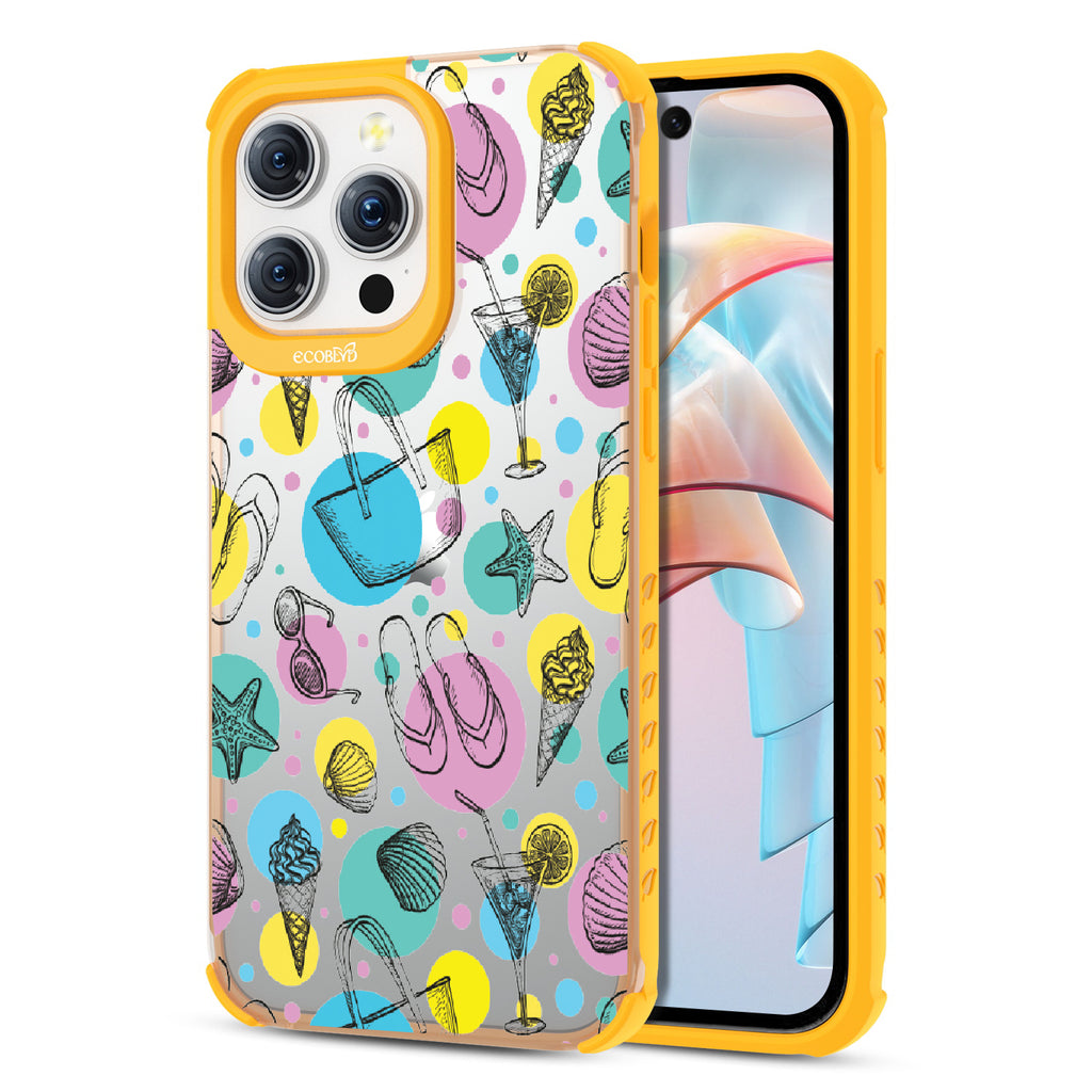 Beach Please - Back View Of Eco-Friendly iPhone 15 Pro Max Clear Case With Yellow Rim & Front View Of Screen