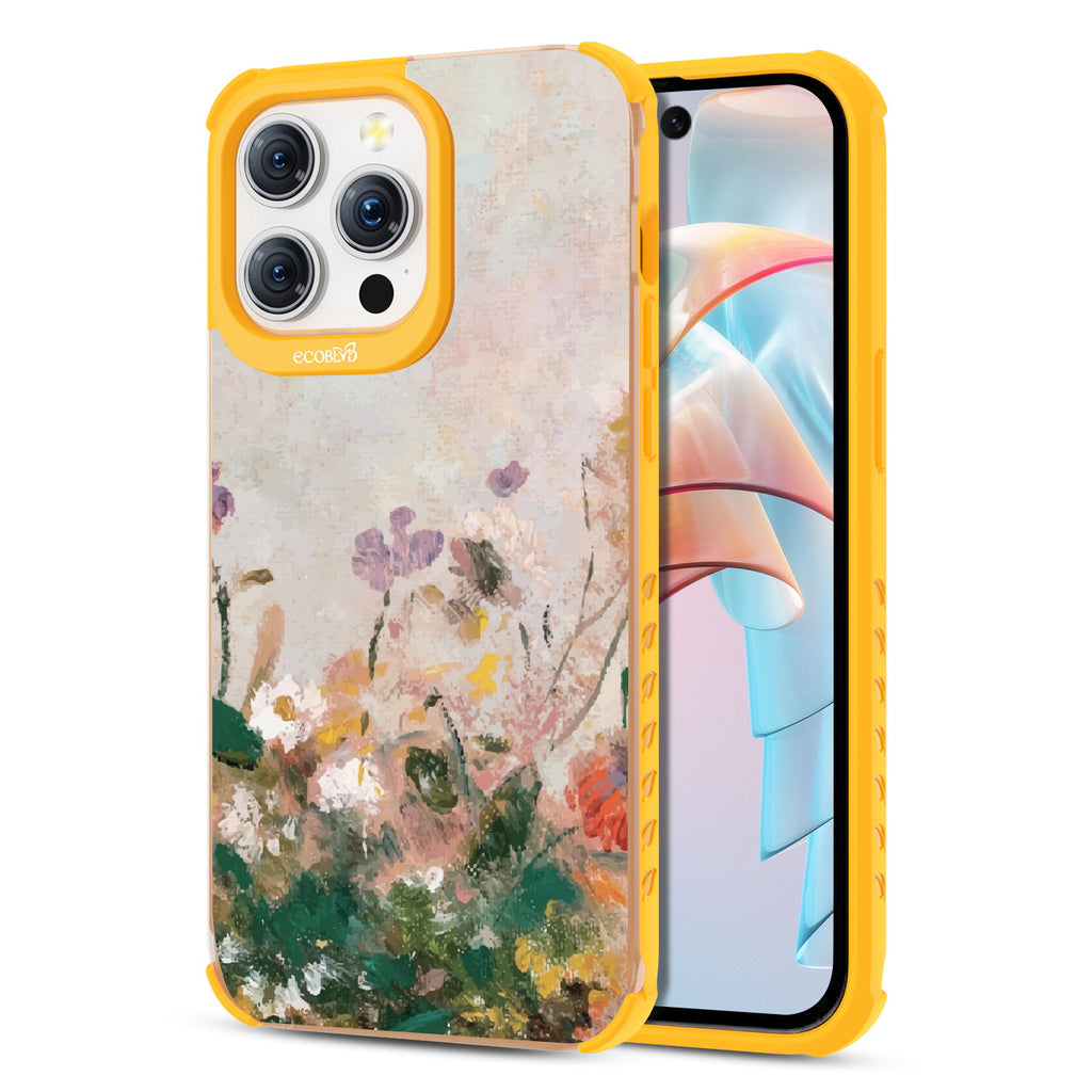 Front and back view of iPhone 15 Pro Max case, clear compostable phone case with yellow ridges, Wild Grace design