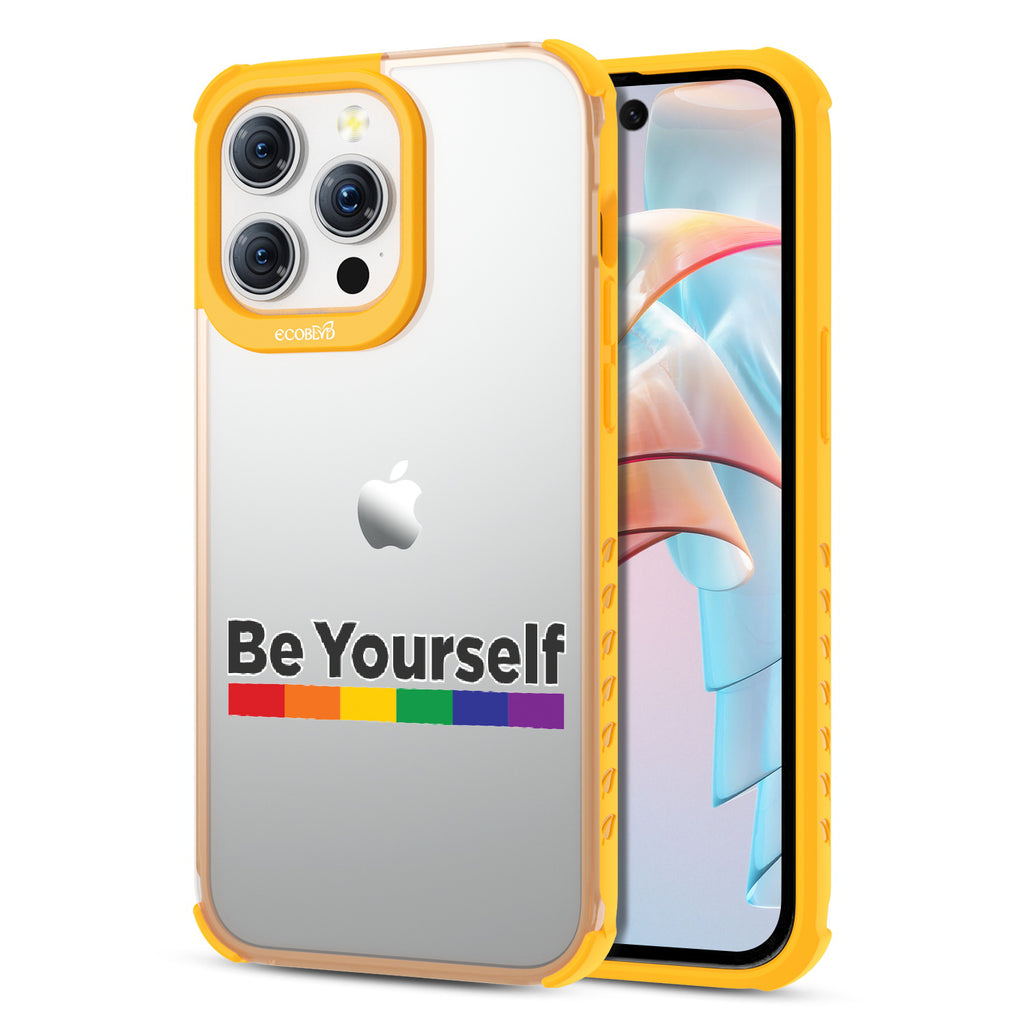 Be Yourself - Back View Of Eco-Friendly iPhone 15 Pro Max Clear Case With Yellow Rim & Front View Of Screen