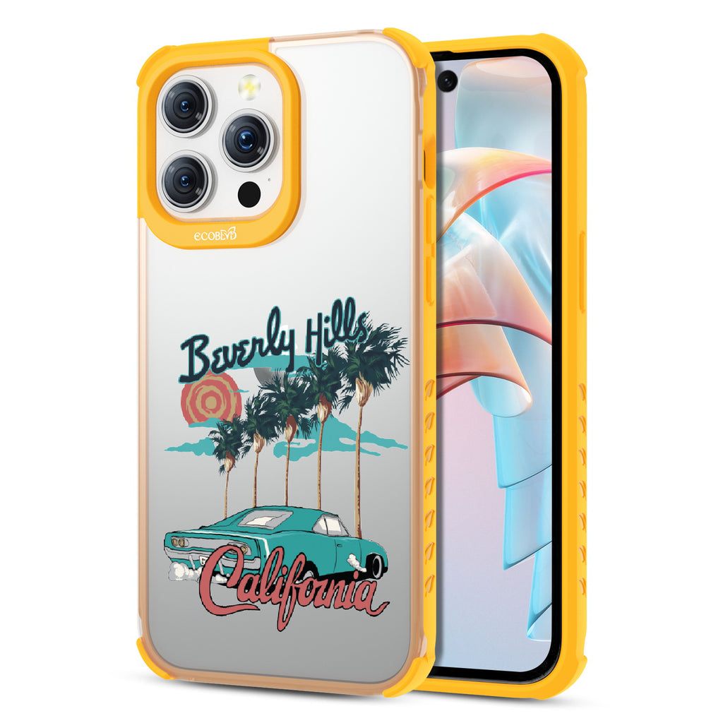 Front and back view of iPhone 15 Pro Max case, clear compostable phone case with yellow ridges, 90210 design