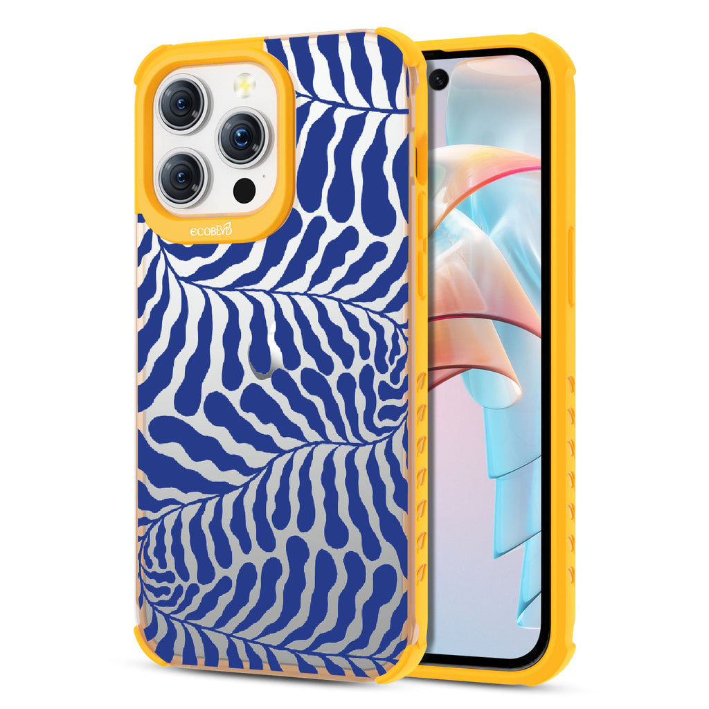  Blue Lagoon - Back View Of Eco-Friendly iPhone 15 Pro Max Clear Case With Yellow Rim & Front View Of Screen