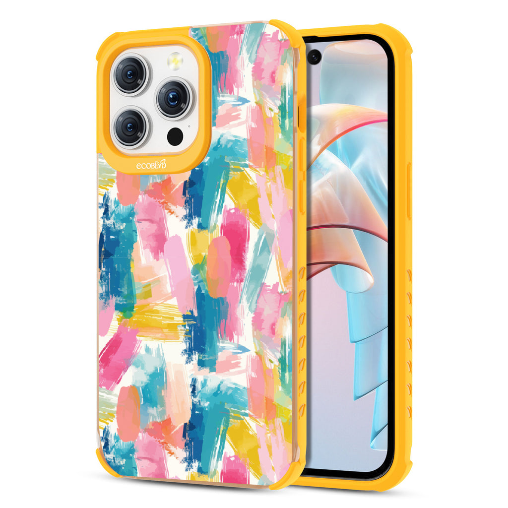 Front and back view of iPhone 15 Pro Max case, clear compostable phone case with yellow ridges, Blurred Beauty design