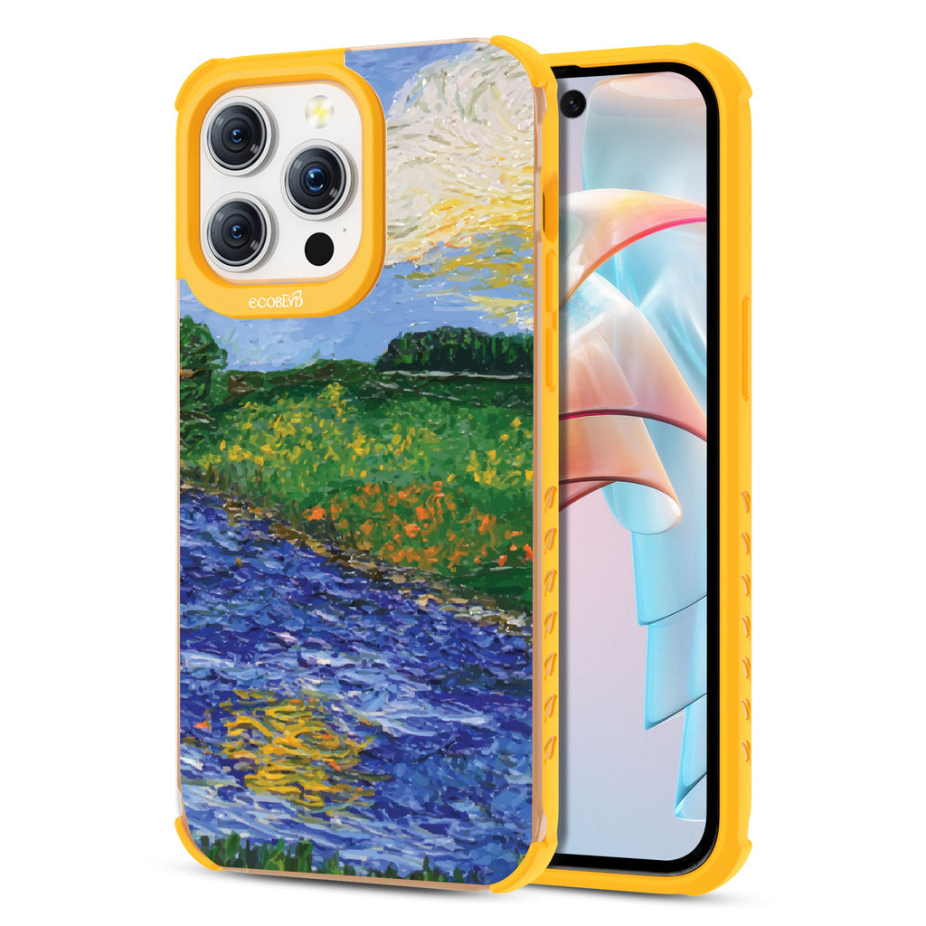 Front and back view of iPhone 15 Pro Max case, clear compostable phone case with yellow ridges, Field of Vision design
