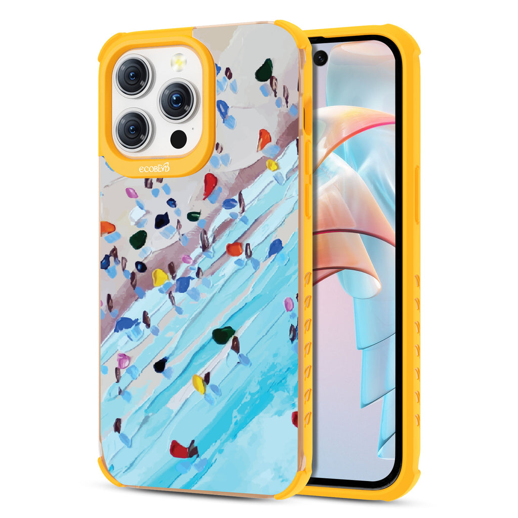 Front and back view of iPhone 15 Pro Max  case, clear compostable phone case with yellow ridges, Waves of Color design