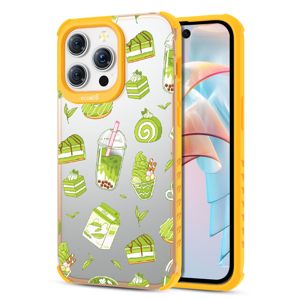 Front and back view of iPhone 15 Pro Max case, clear compostable phone case with yellow ridges, So Matcha More design