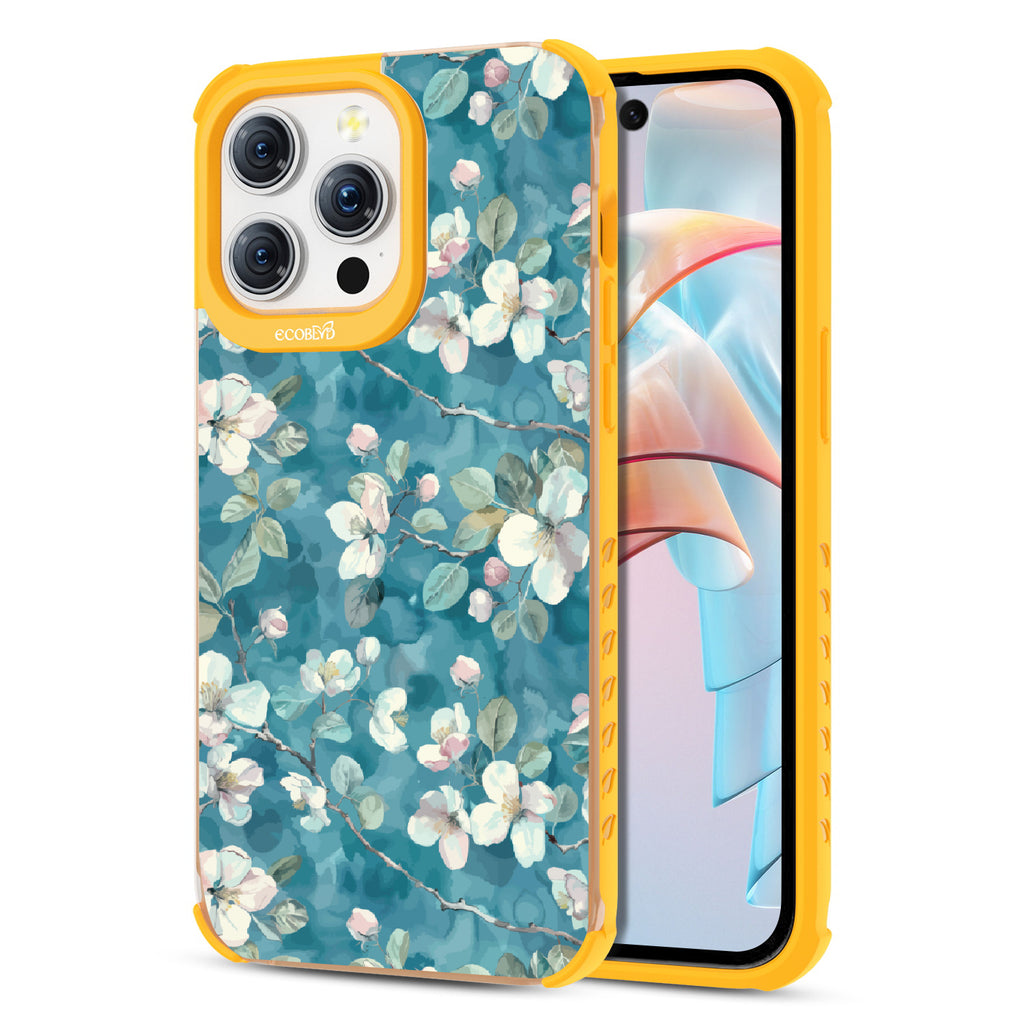 Front and back view of iPhone 15 Pro Max case, clear compostable phone case with yellow ridges, Sway & Sprout design