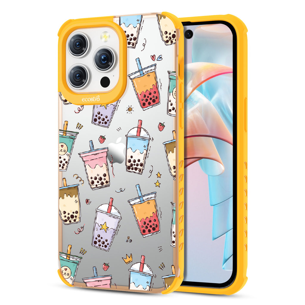 Front and back view of iPhone 15 Pro Max case, clear compostable phone case with yellow ridges, Best-Teas design