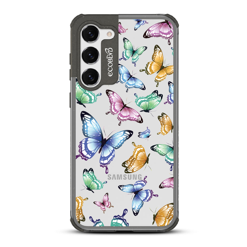 Social Butterfly - Black Eco-Friendly Galaxy S23 Case With Colorful Butterflies On A Clear Back - Compostable