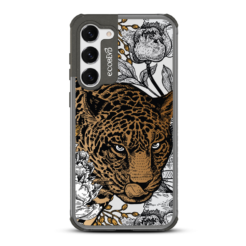 Purrfectly Striking - Black Eco-Friendly Galaxy S23 Plus Case With Leopard, Black/Grey Flowers On A Clear Back