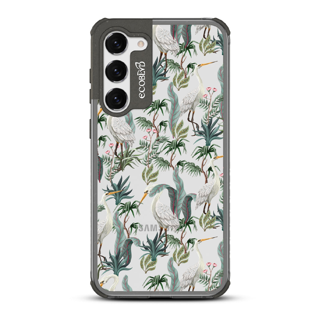 Flock Together - Black Eco-Friendly Galaxy S23 Case With Herons & Peonies On A Clear Back