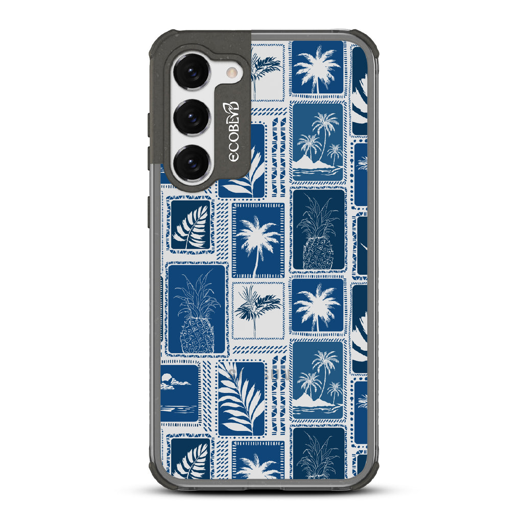 Oasis - Black Eco-Friendly Galaxy S23 Case With Tropical Shirt Palm Trees & Pineapple Print On A Clear Back