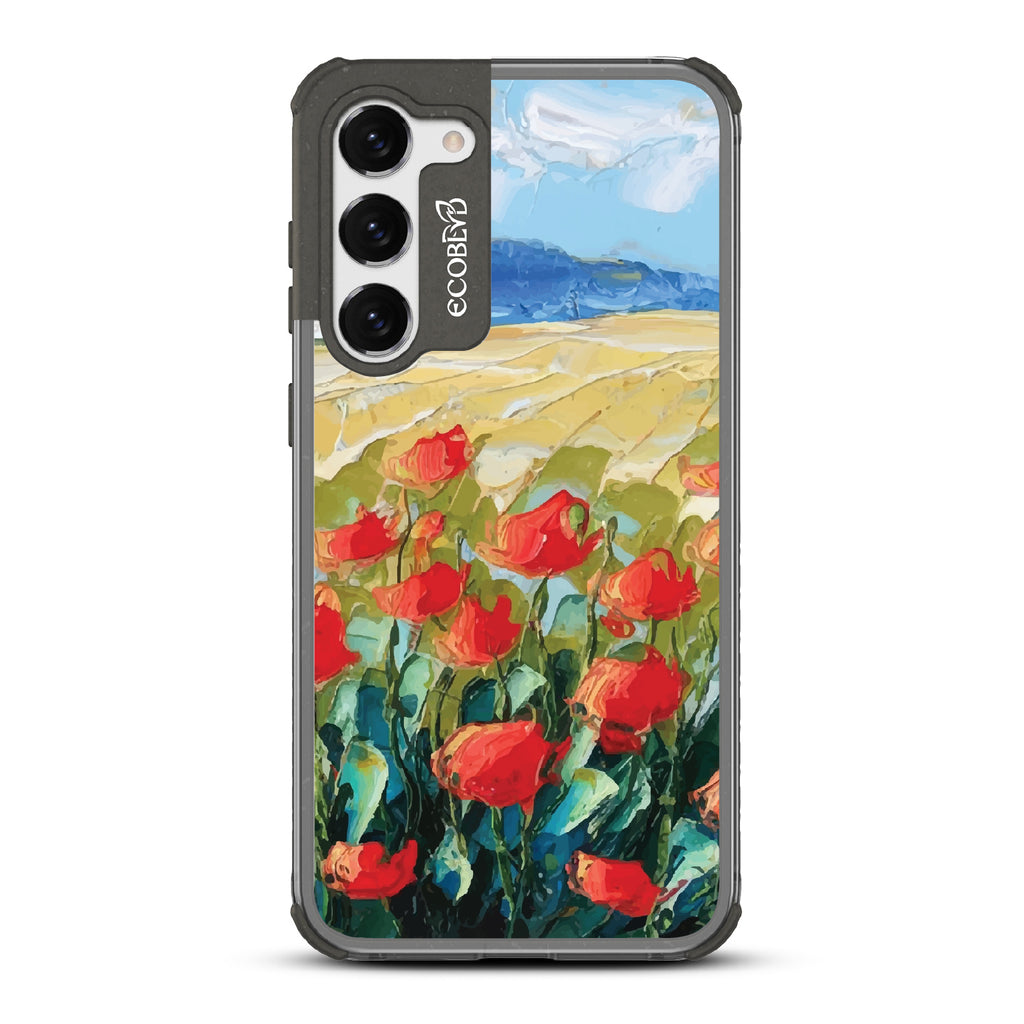 Samsung Galaxy S23 Plus case, clear eco-friendly phone case with black ridges, back view, Sleepy Bloom design