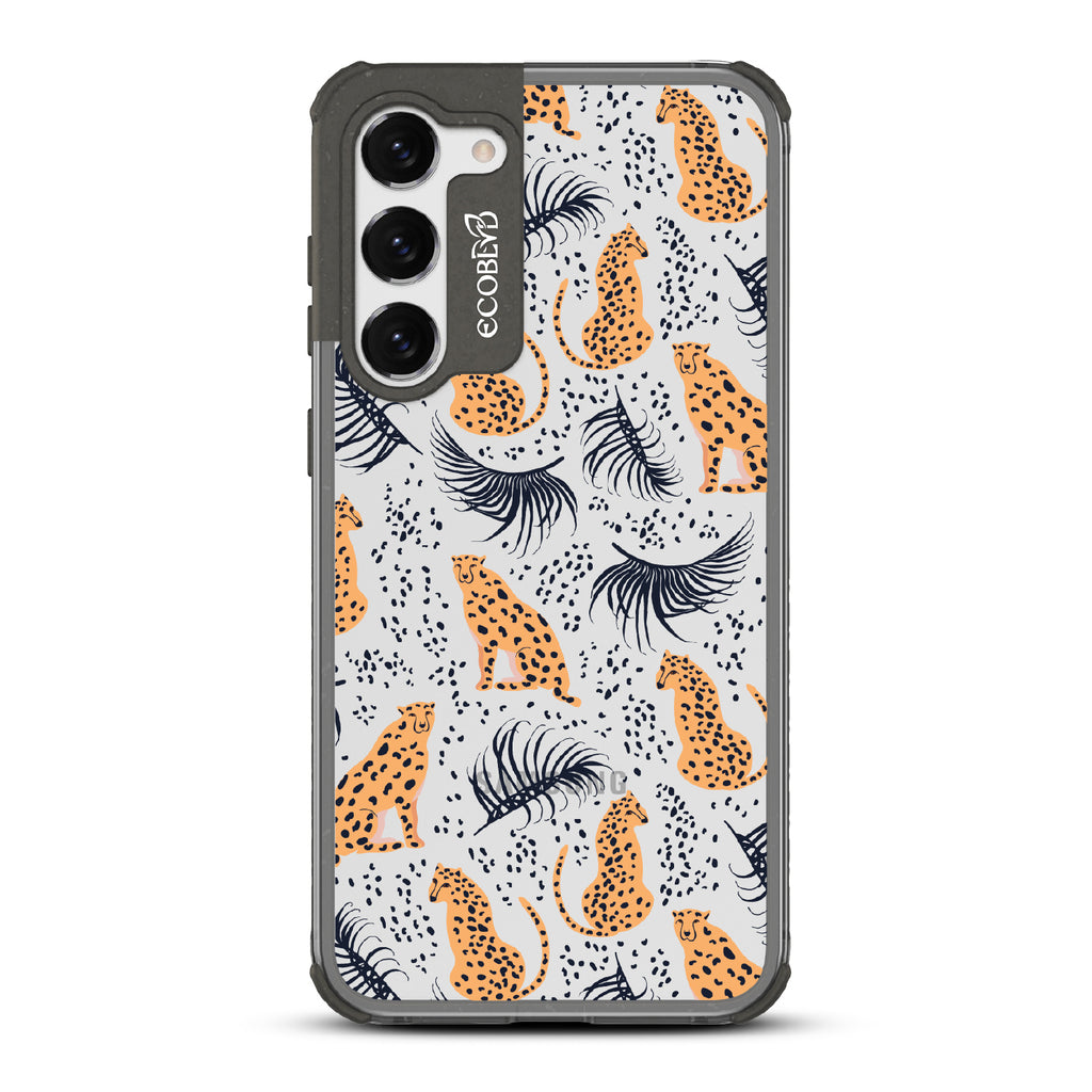 Feline Fierce - Black Eco-Friendly Galaxy S23 Case With Minimalist Cheetahs With Spots and Reeds On A Clear Back